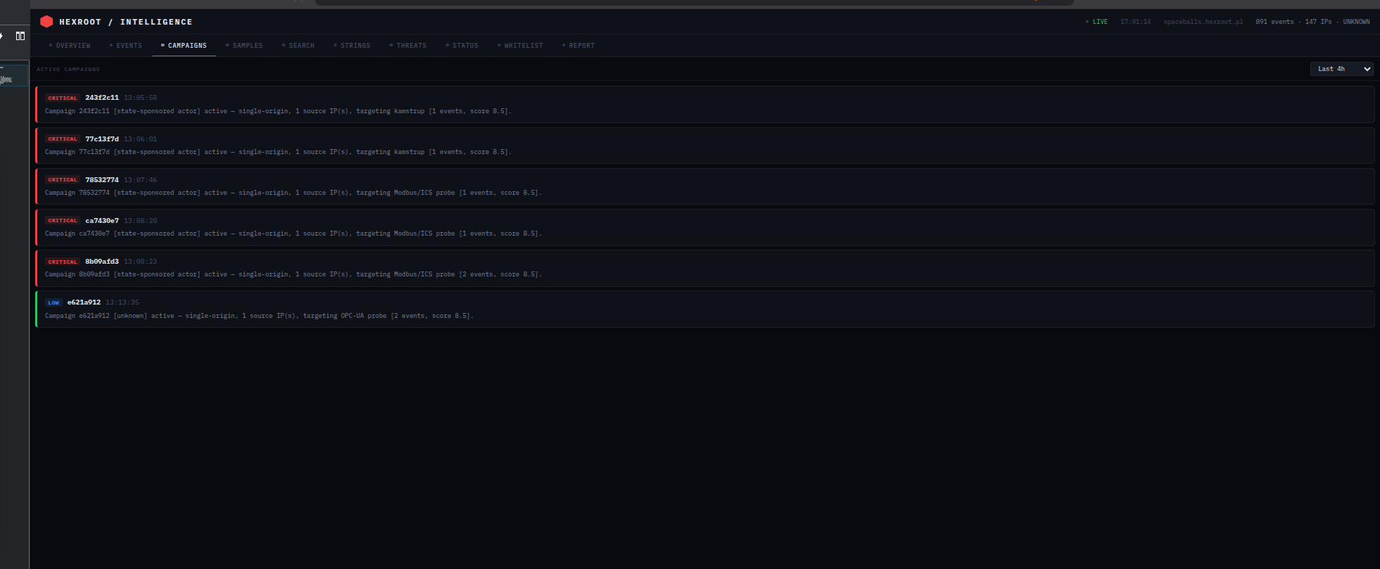 Strings — captured HTTP paths, user agents, SCADA functions